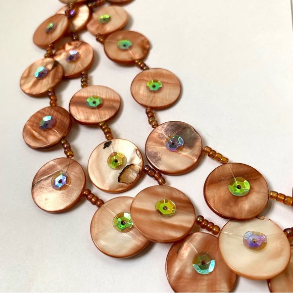 pink tan pearly disc beads 3 strand necklace with iridescent sequins boho chic - Picture 12 of 17